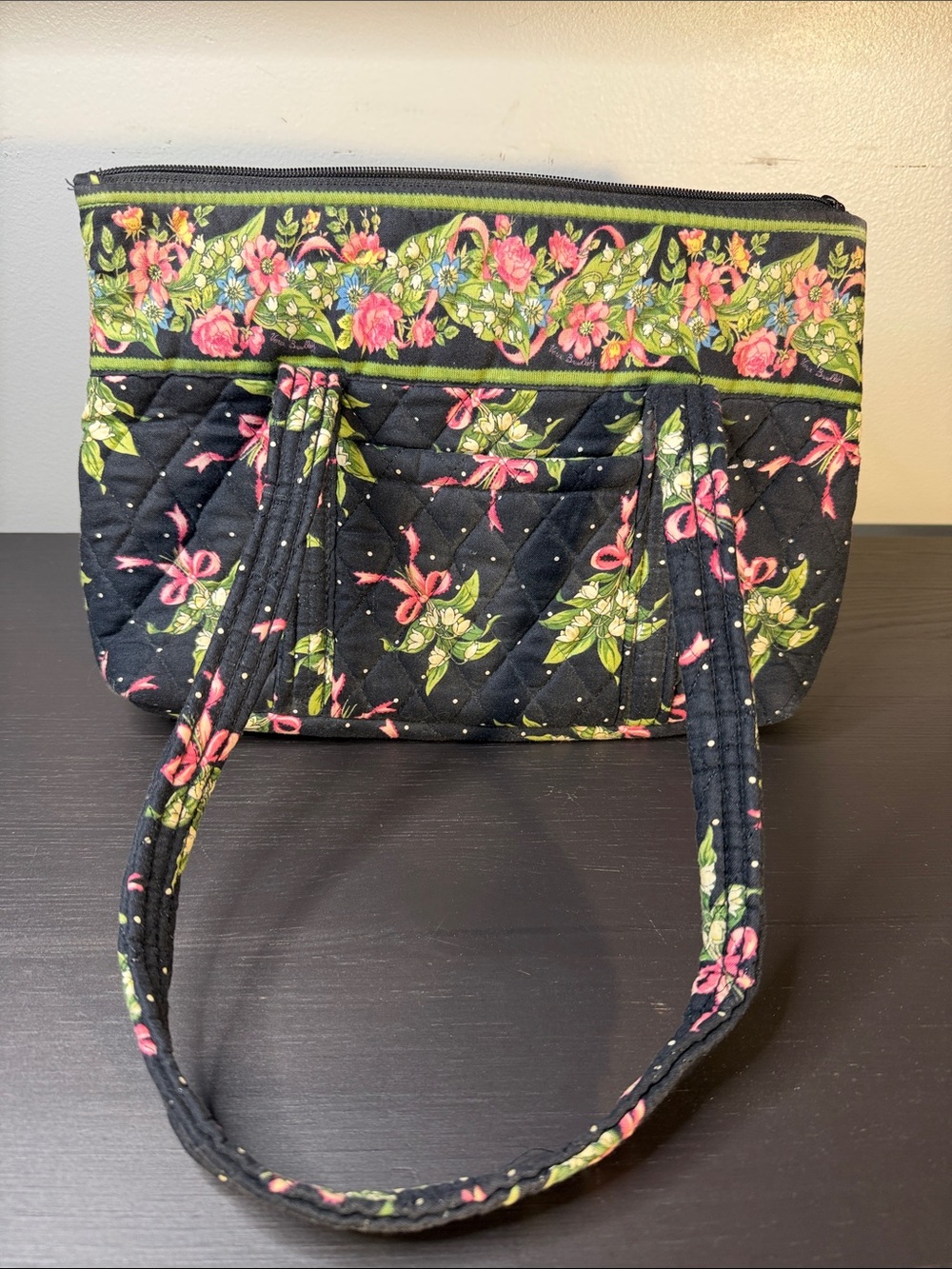 Vintage Vera Bradley New Hope Villager Tote Bag Pink Ribbons Bows Black